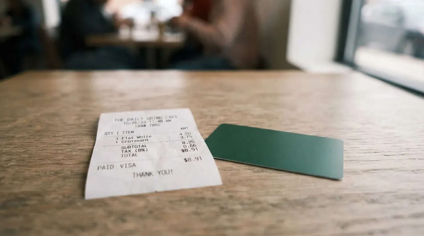 A receipt and a card on a café table