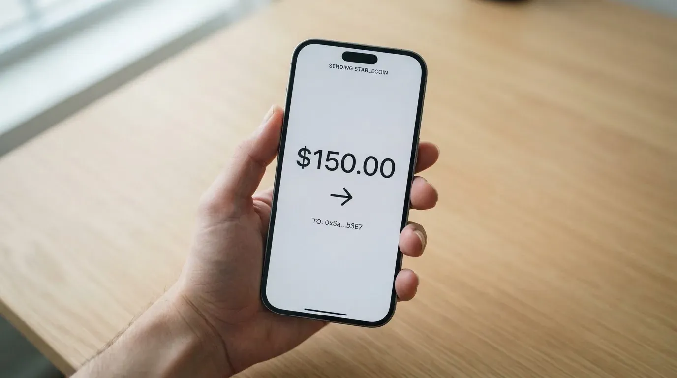 A phone showing a stablecoin transfer screen