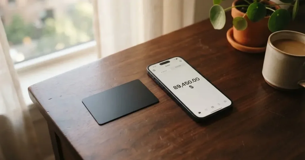 A payment card next to a phone with a crypto wallet app open