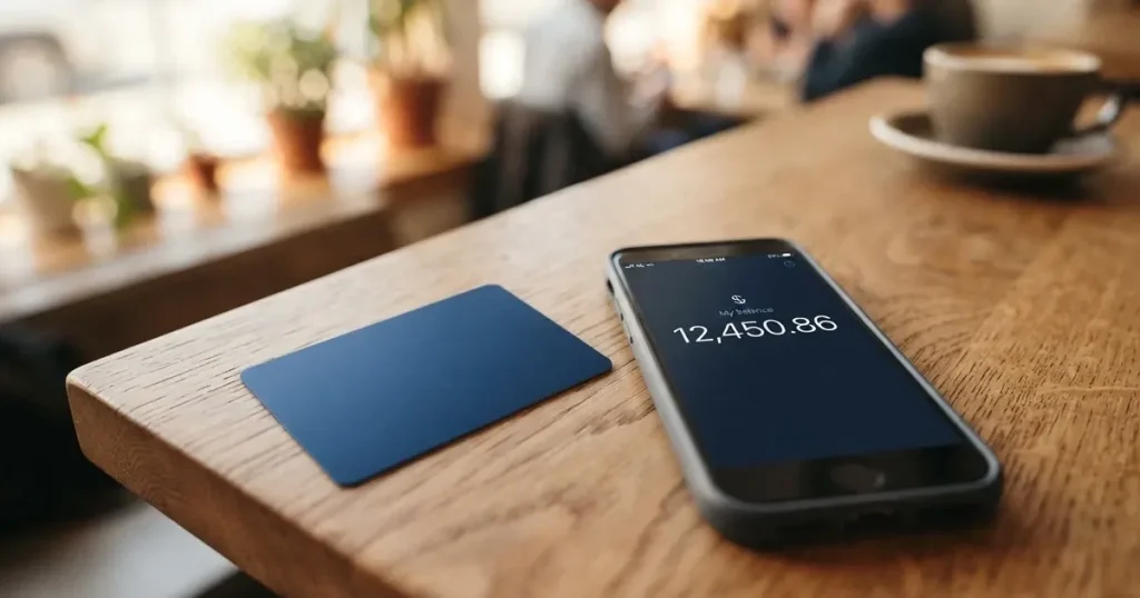 A payment card next to a phone with a crypto wallet app open