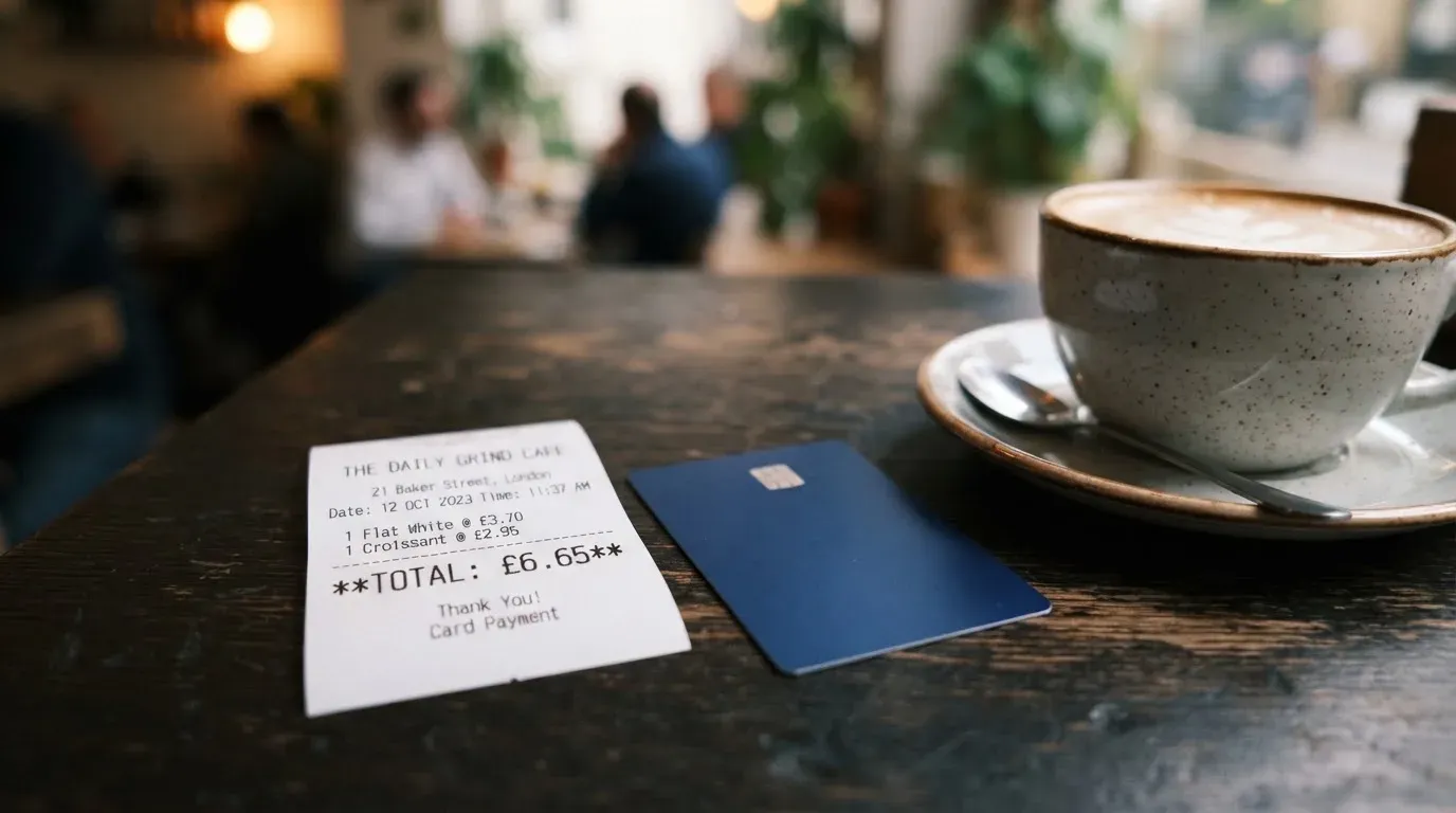 A receipt and a card on a café table