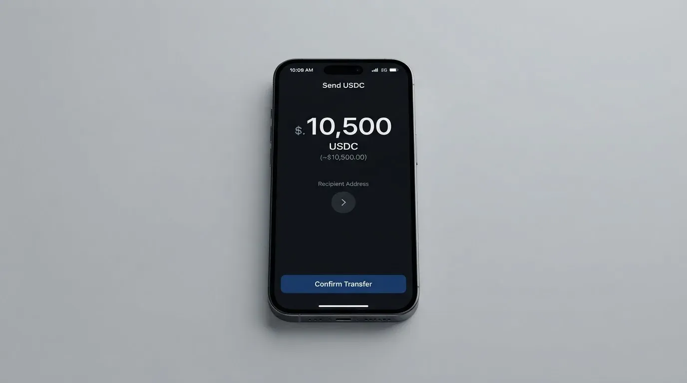 A phone showing a stablecoin transfer screen