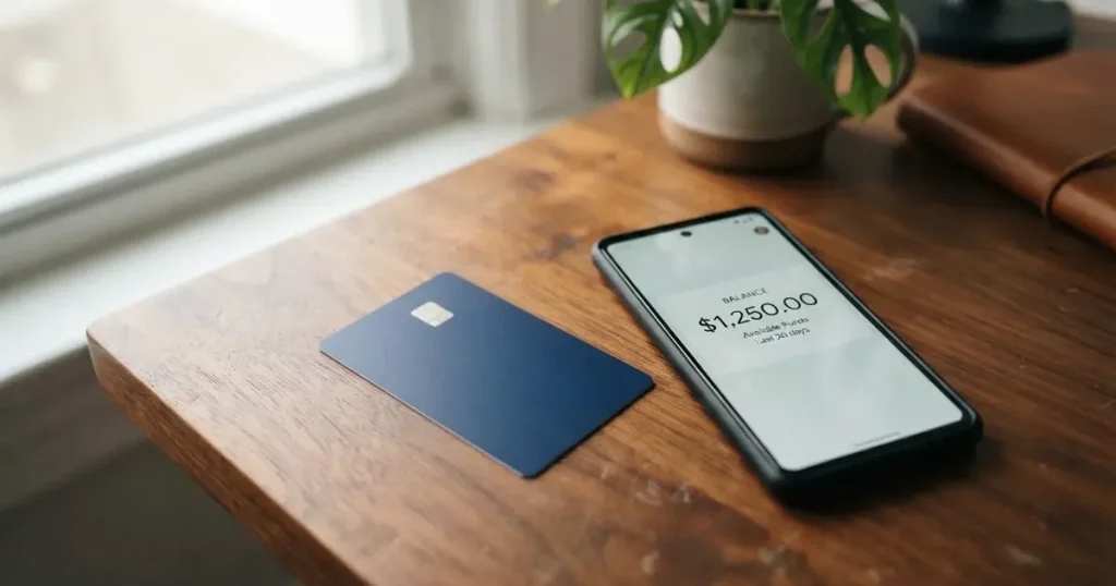 A payment card next to a phone with a crypto wallet app open
