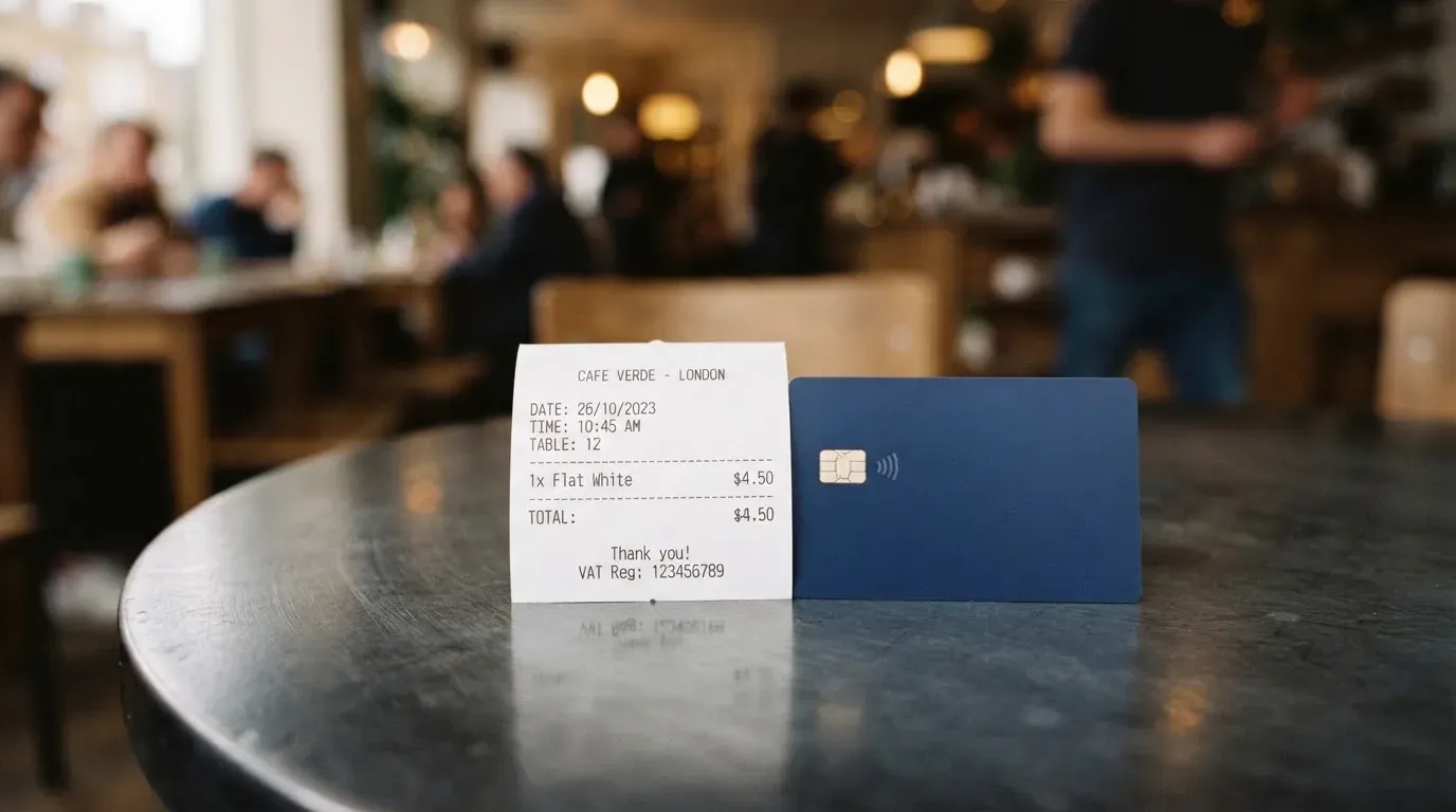 A receipt and a card on a café table