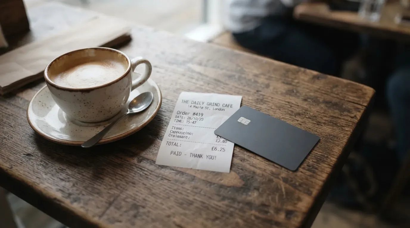 A receipt and a card on a café table