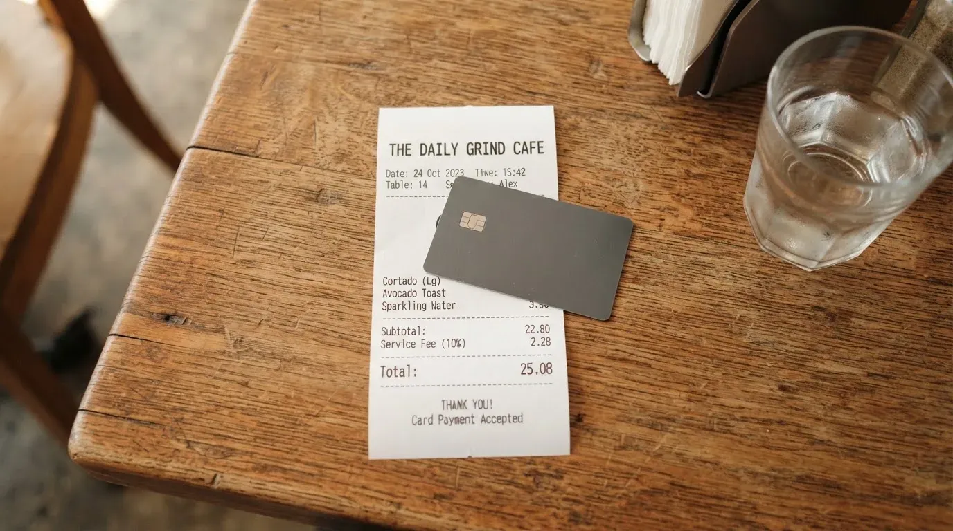 A receipt and a card on a café table