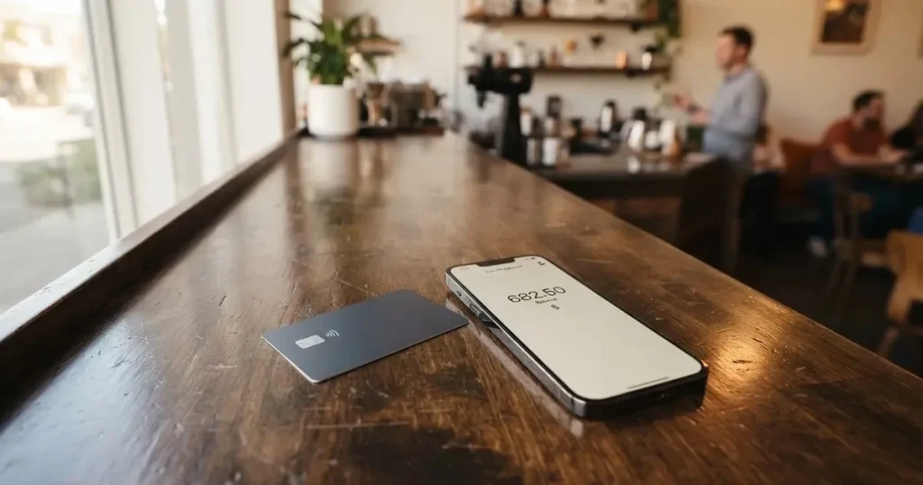 A payment card next to a phone with a crypto wallet app open