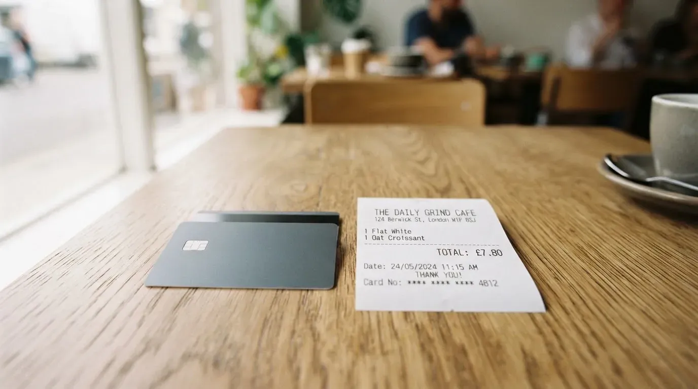 A receipt and a card on a café table