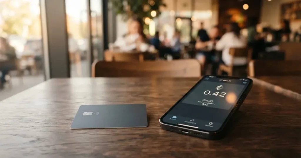 A payment card next to a phone with a crypto wallet app open