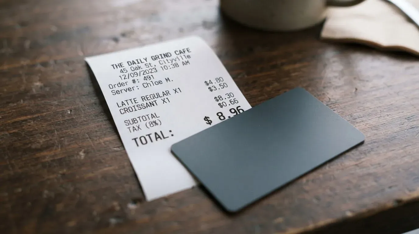 A receipt and a card on a café table