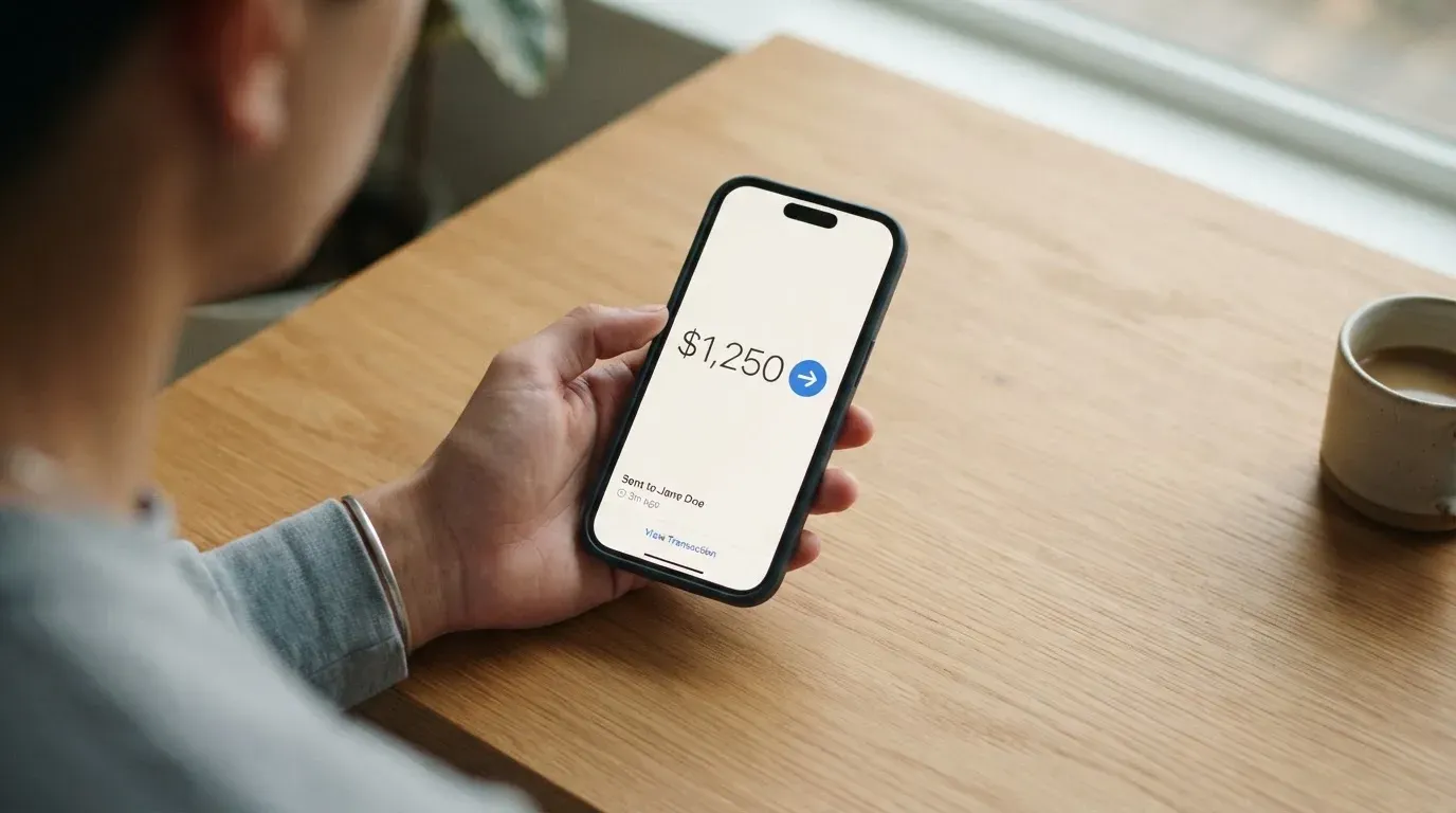 A phone showing a stablecoin transfer screen