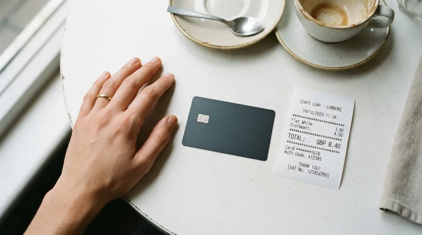 A receipt and a card on a café table