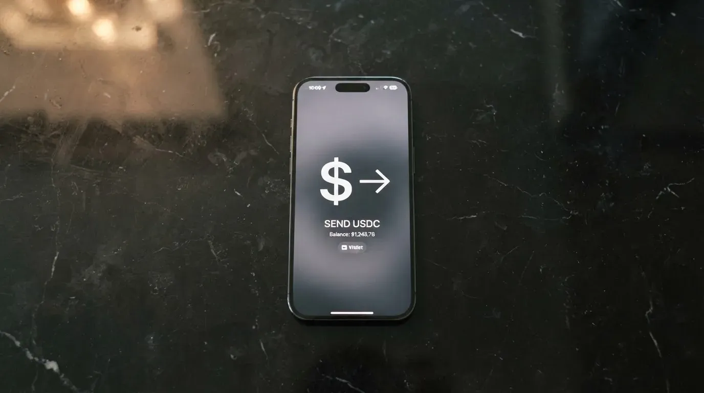 A phone showing a stablecoin transfer screen