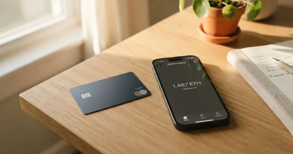 A payment card next to a phone with a crypto wallet app open