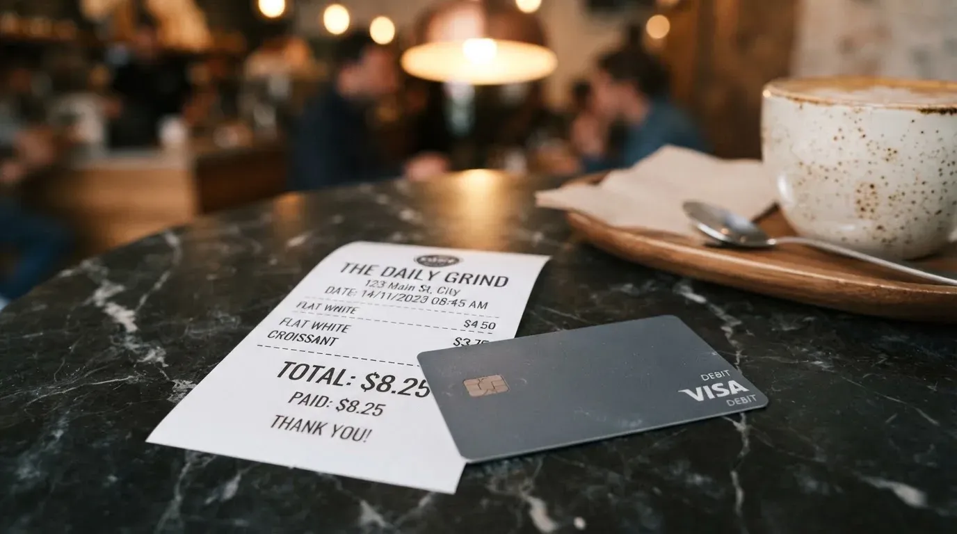 A receipt and a card on a café table