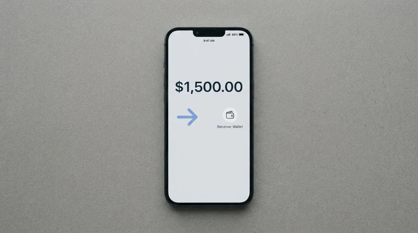 A phone showing a stablecoin transfer screen