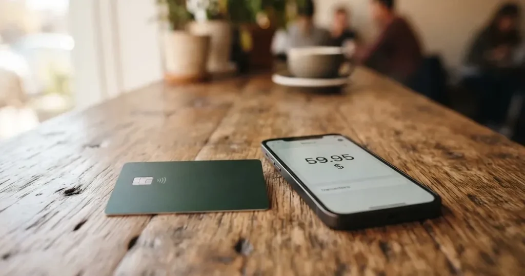A payment card next to a phone with a crypto wallet app open