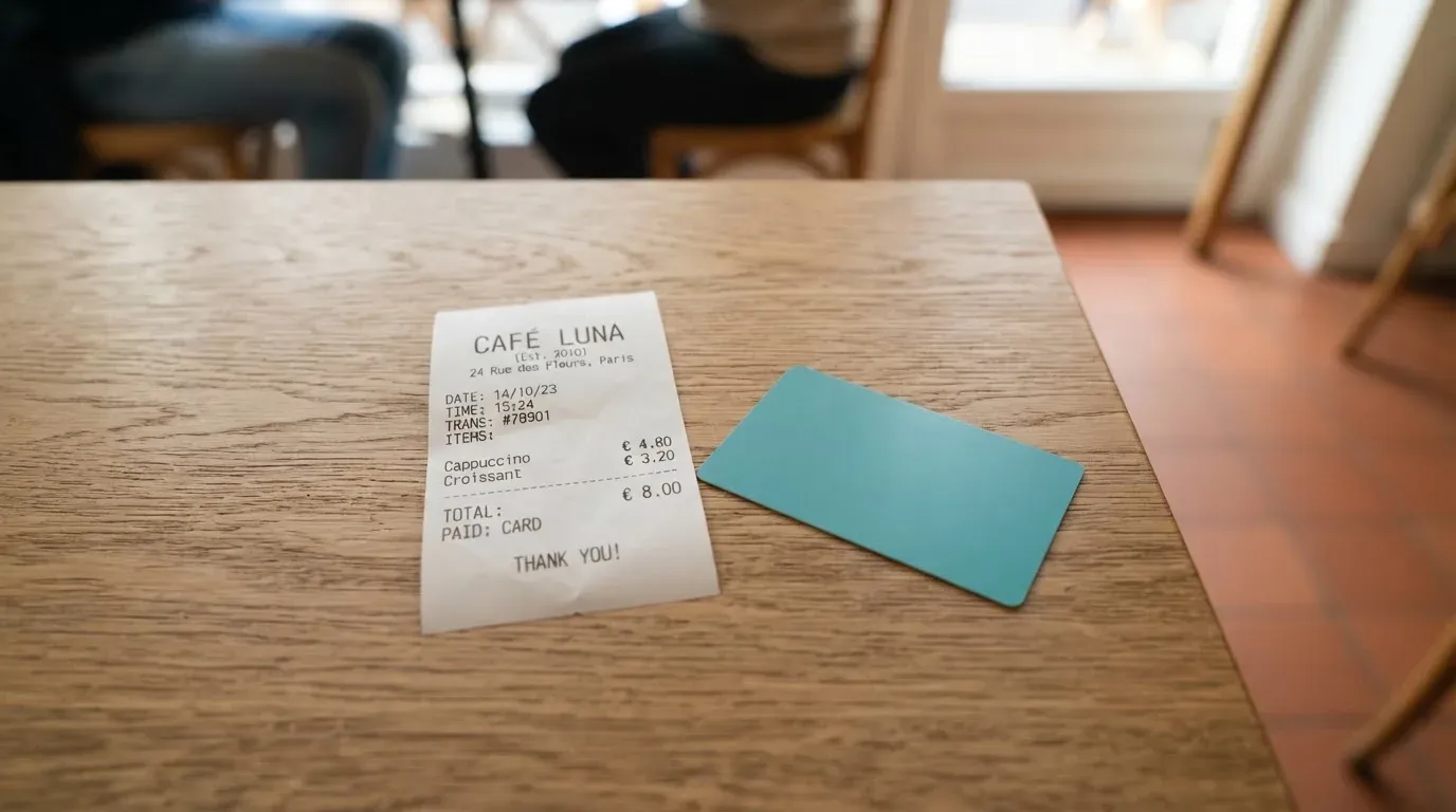A receipt and a card on a café table