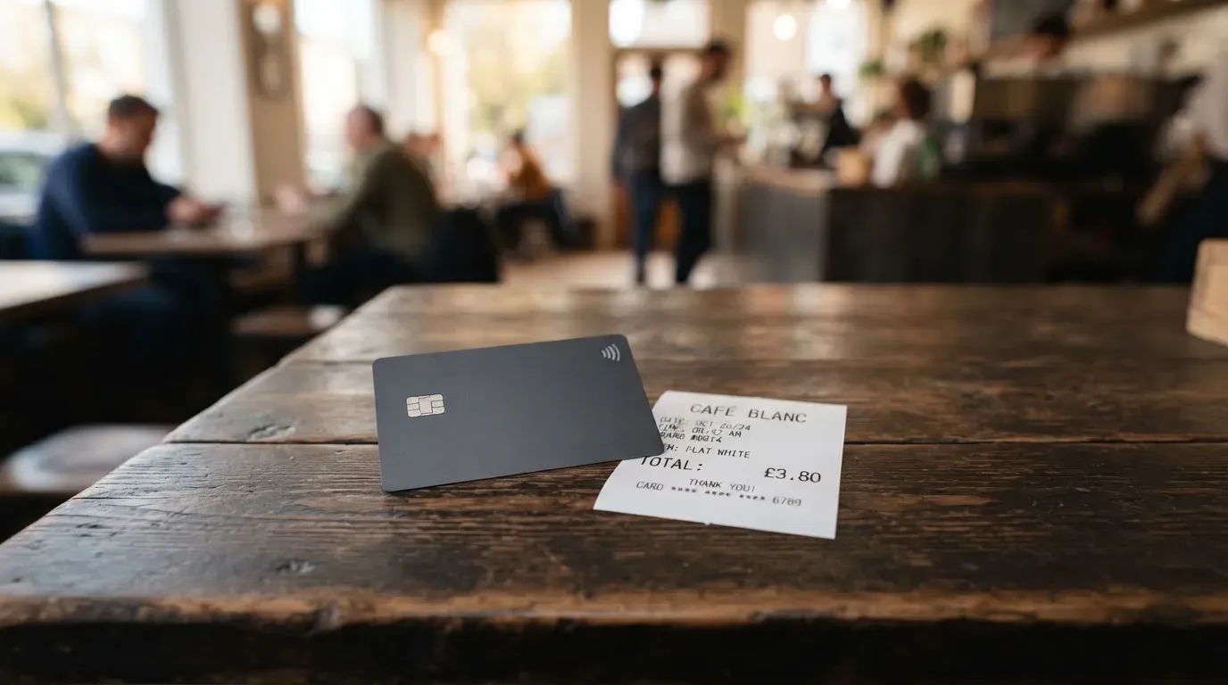 A receipt and a card on a café table