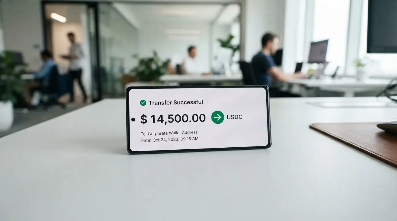 A phone showing a stablecoin transfer screen