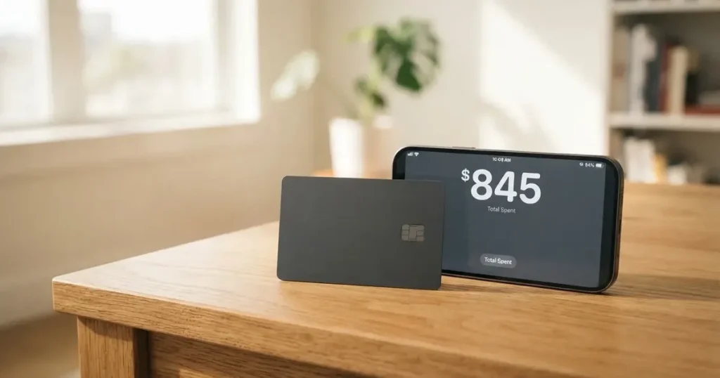 A payment card next to a phone with a crypto wallet app open