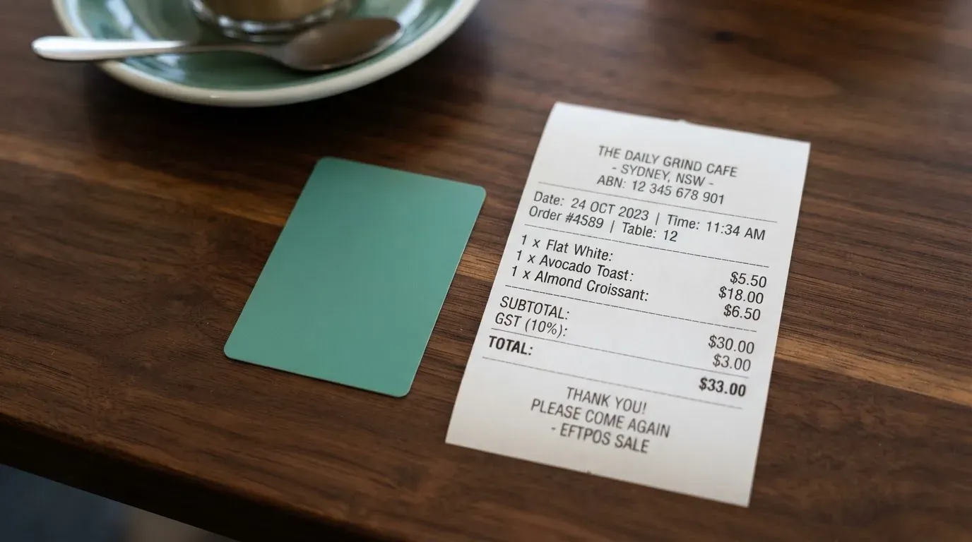 A receipt and a card on a café table