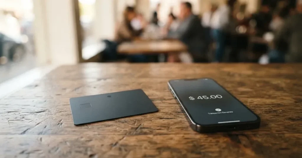 A payment card next to a phone with a crypto wallet app open