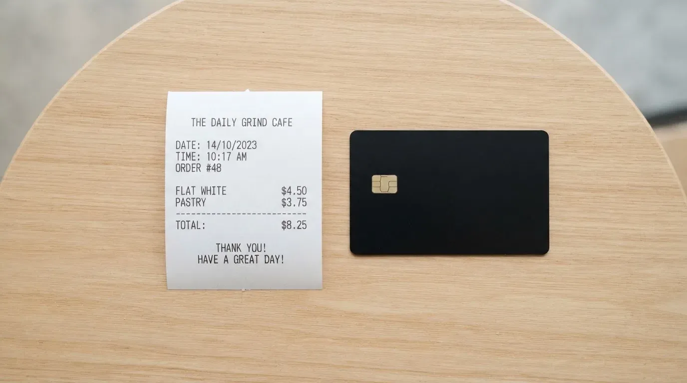 A receipt and a card on a café table