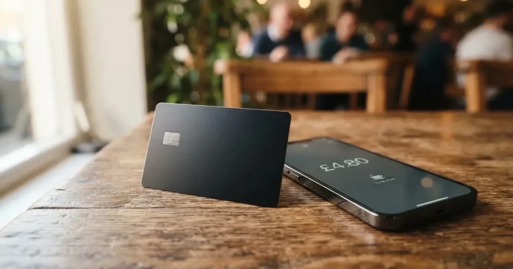 A payment card next to a phone with a crypto wallet app open