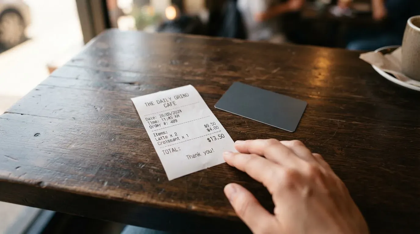 A receipt and a card on a café table