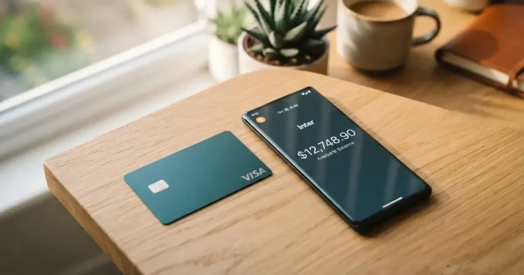 A payment card next to a phone with a crypto wallet app open