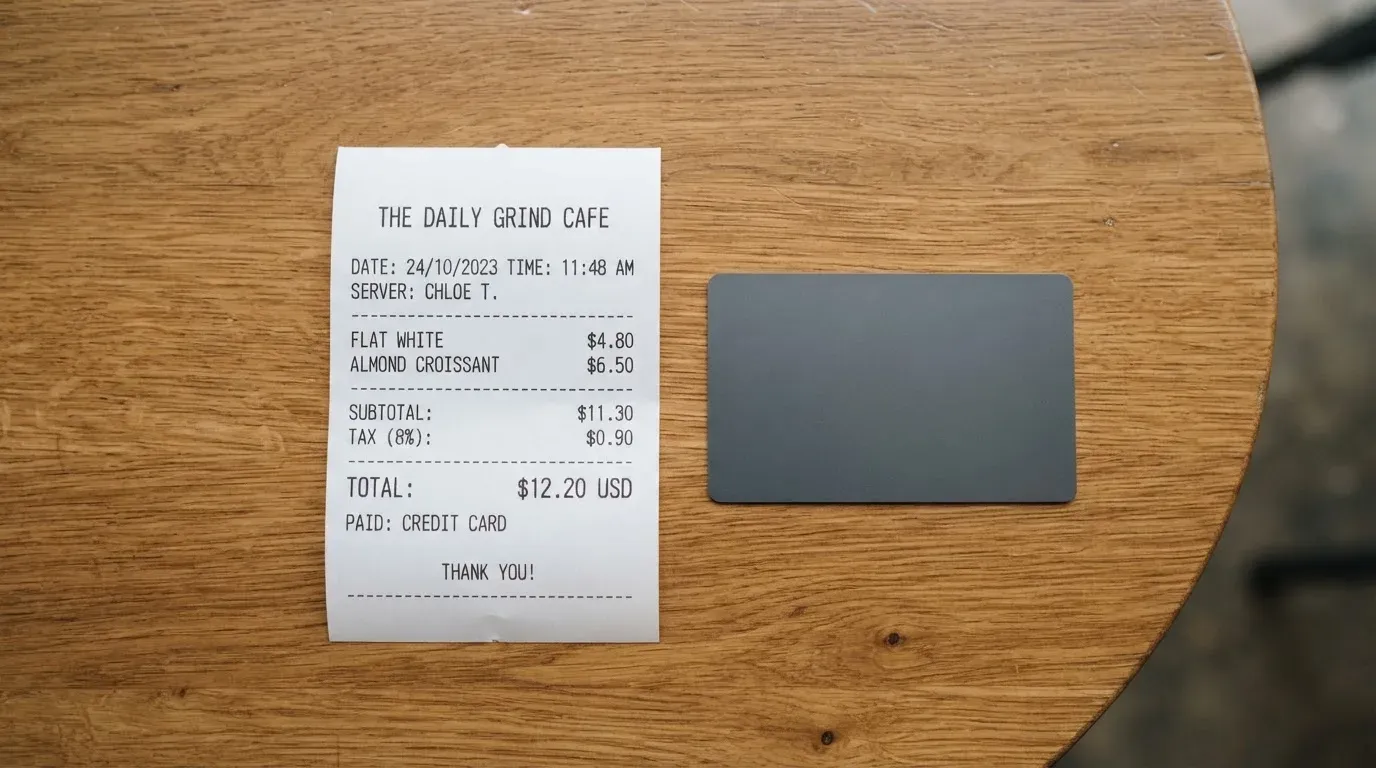 A receipt and a card on a café table