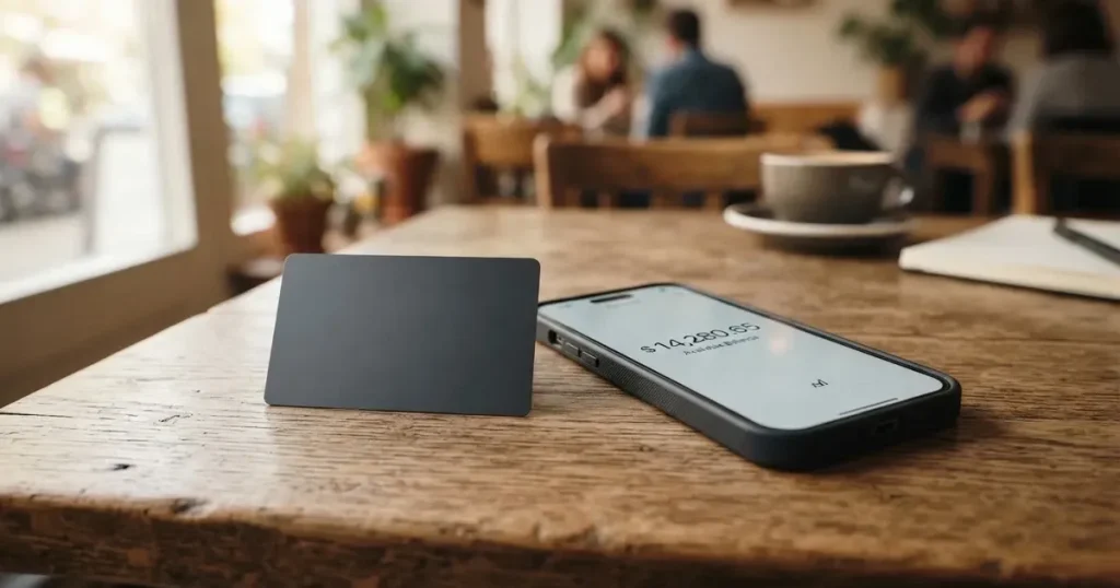 A payment card next to a phone with a crypto wallet app open