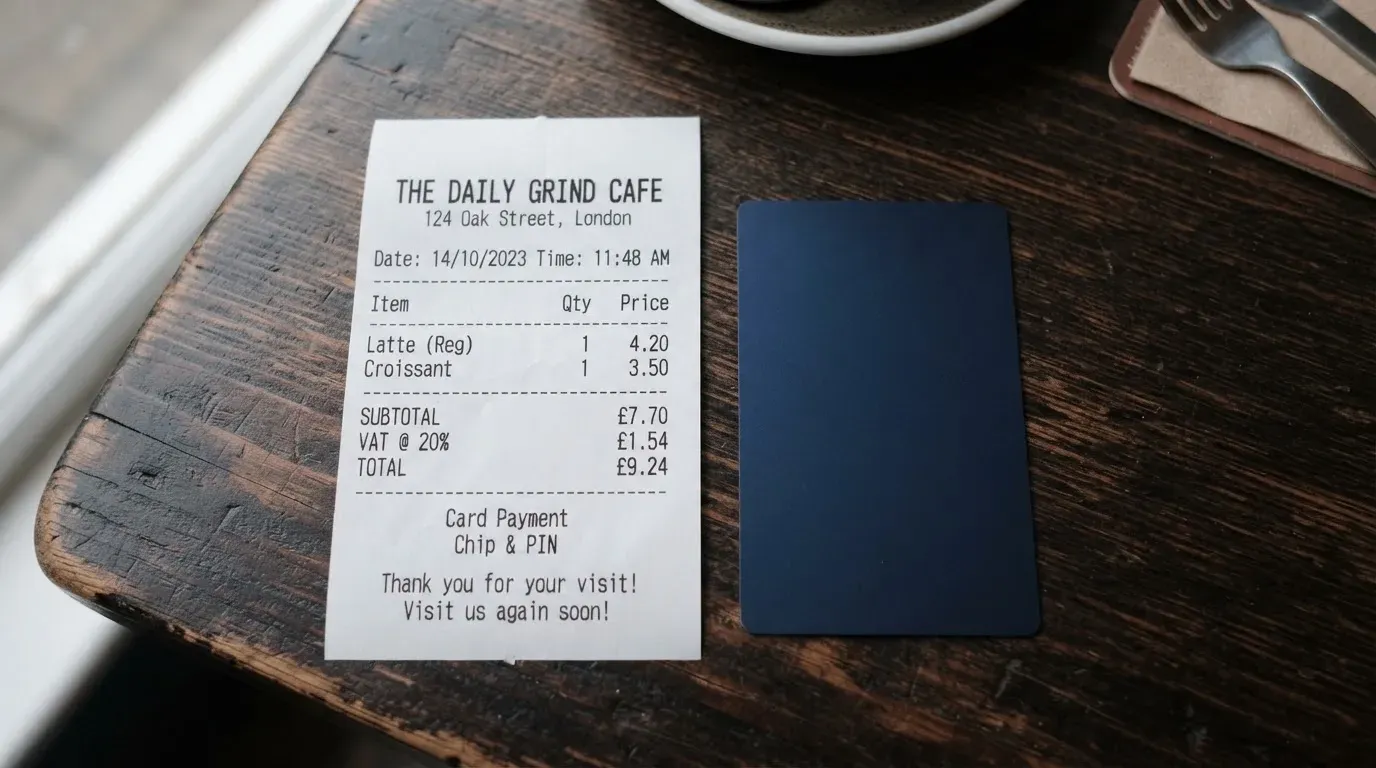 A receipt and a card on a café table