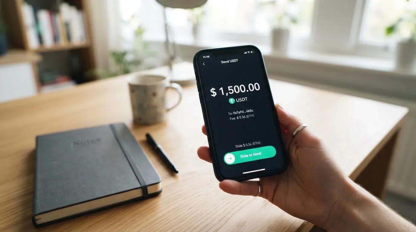 A phone showing a stablecoin transfer screen