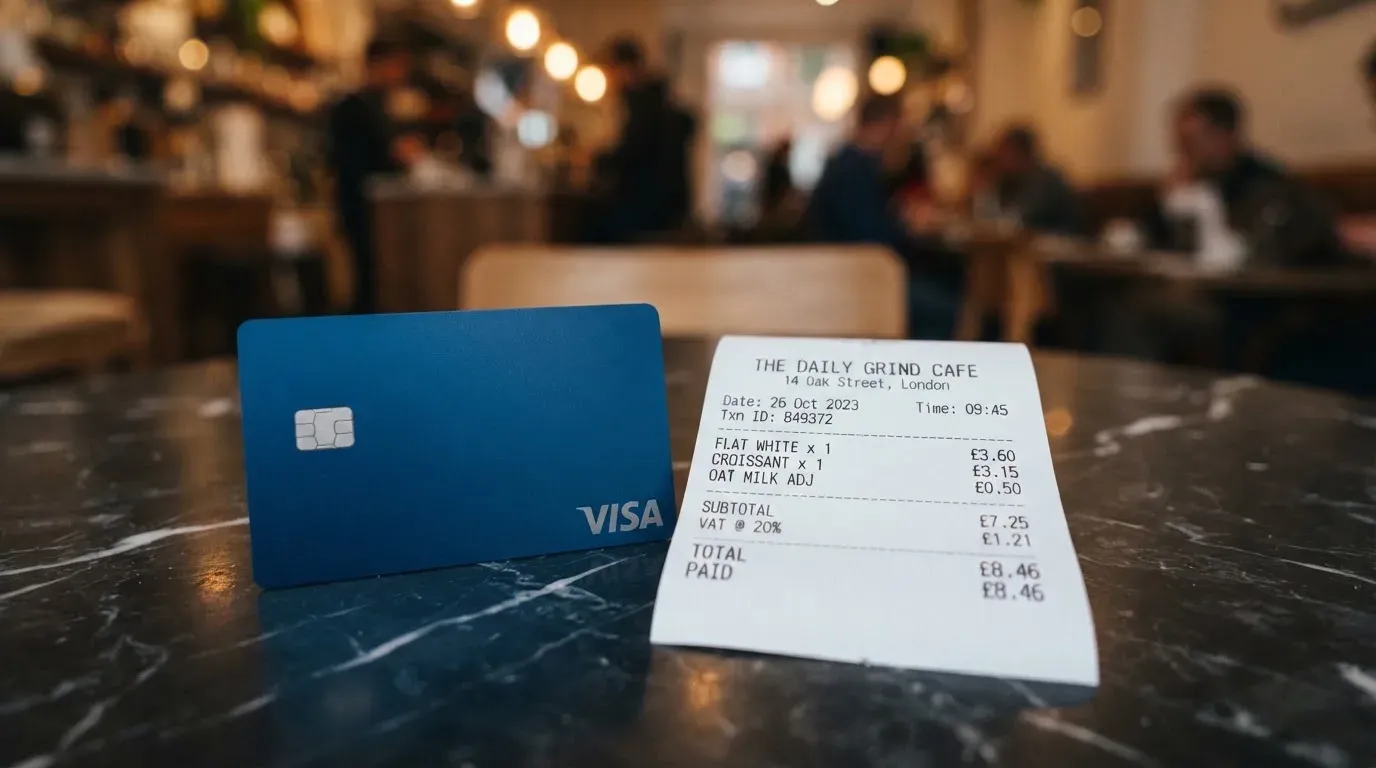 A receipt and a card on a café table
