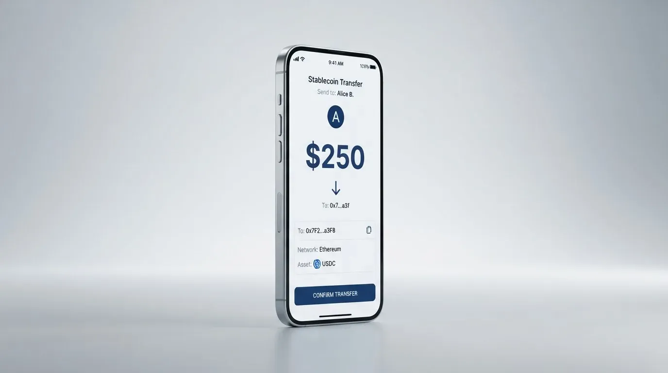 A phone showing a stablecoin transfer screen