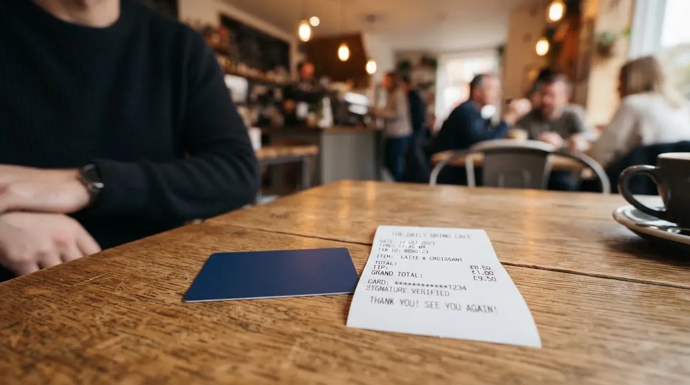 A receipt and a card on a café table