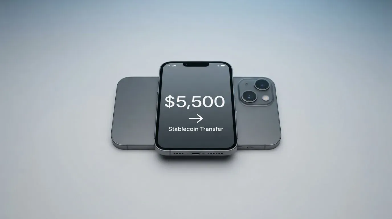 A phone showing a stablecoin transfer screen