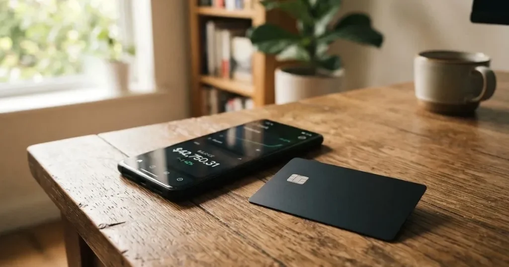 A payment card next to a phone with a crypto wallet app open