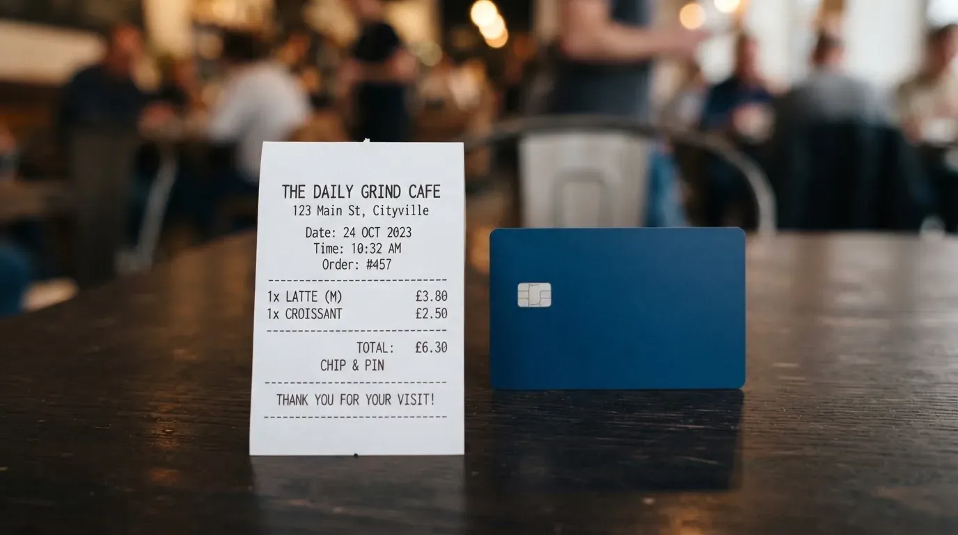 A receipt and a card on a café table