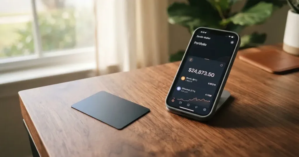 A payment card next to a phone with a crypto wallet app open