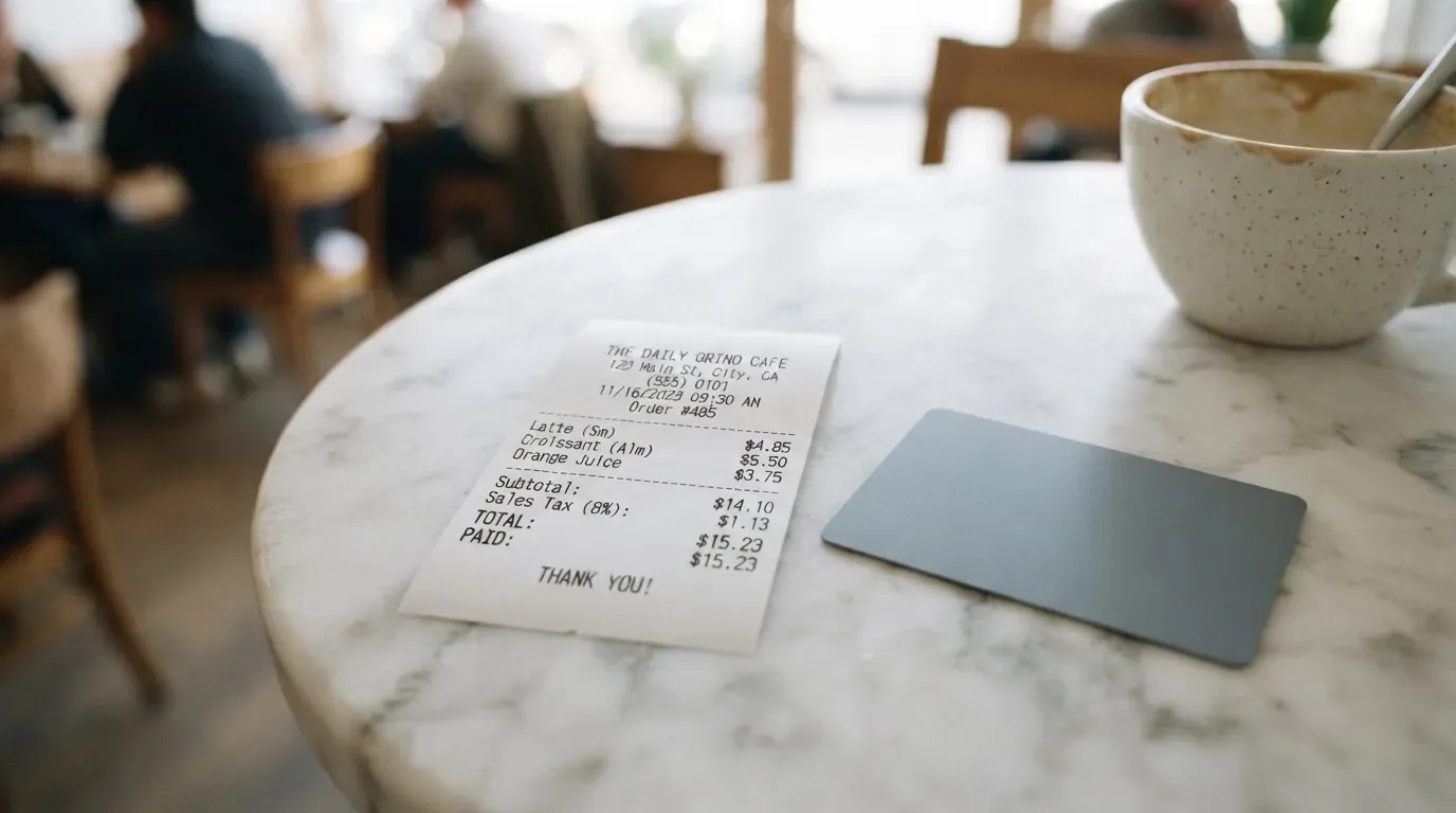 A receipt and a card on a café table