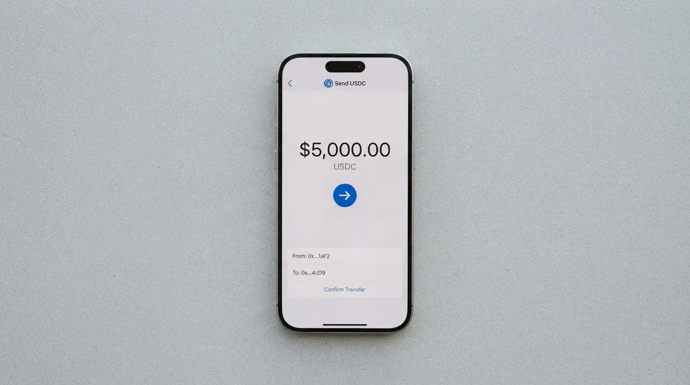 A phone showing a stablecoin transfer screen