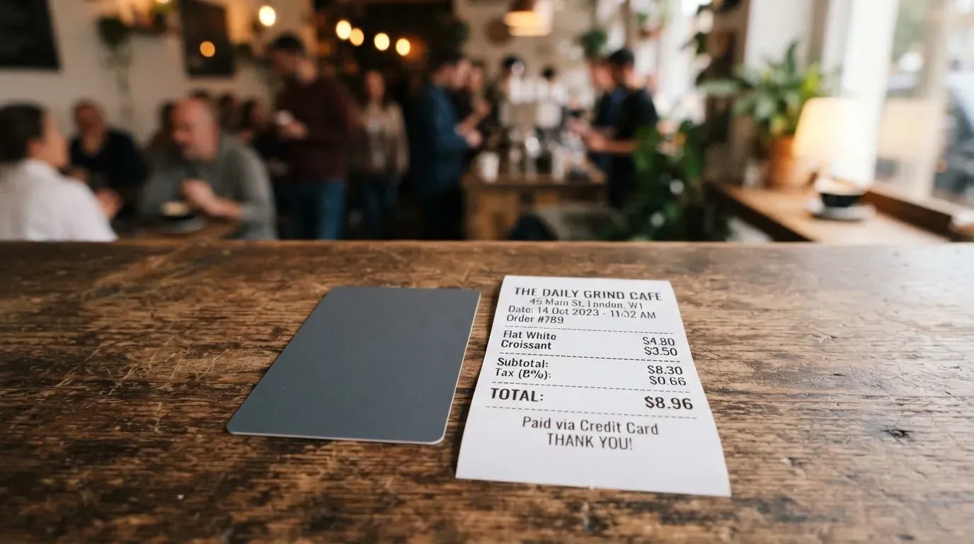 A receipt and a card on a café table