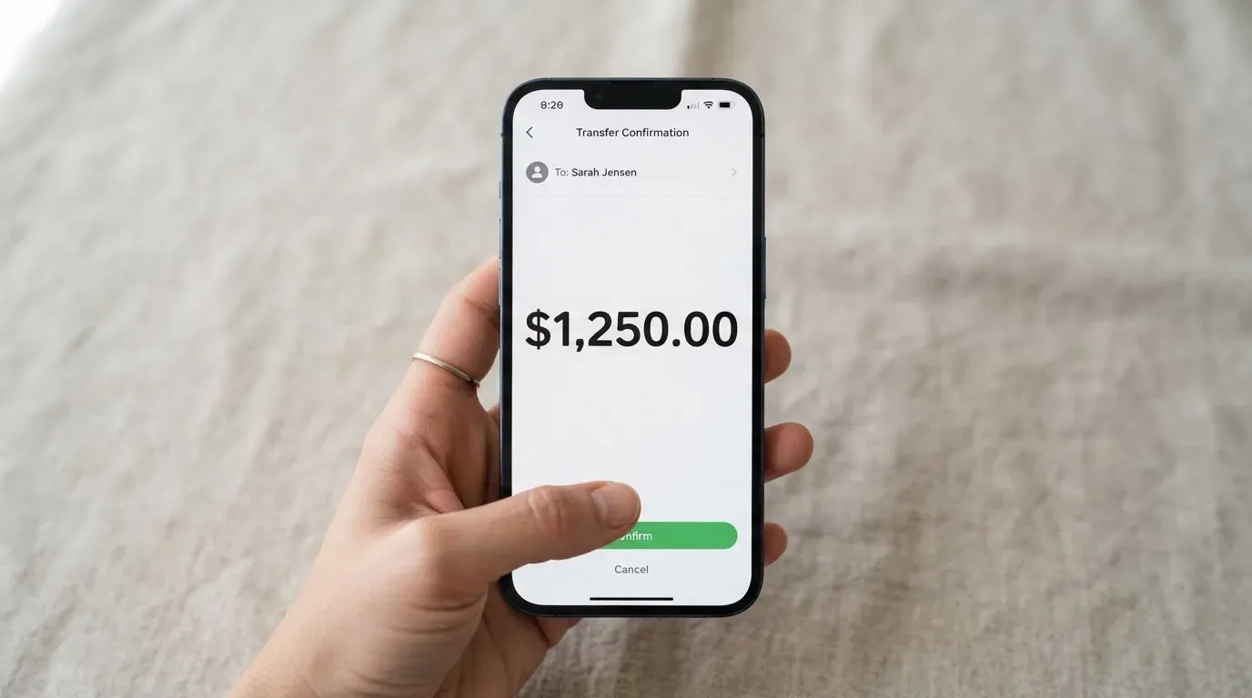 A phone showing a stablecoin transfer screen