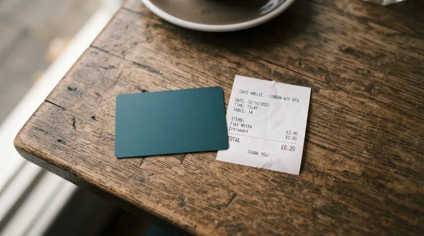 A receipt and a card on a café table