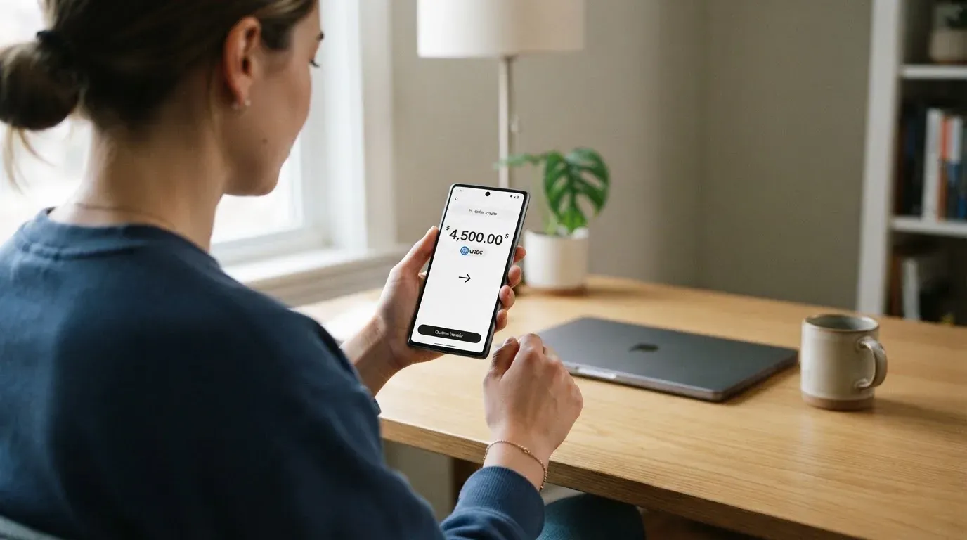A phone showing a stablecoin transfer screen