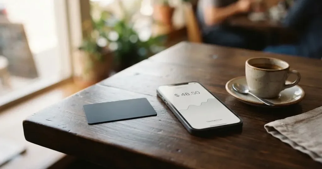 A payment card next to a phone with a crypto wallet app open