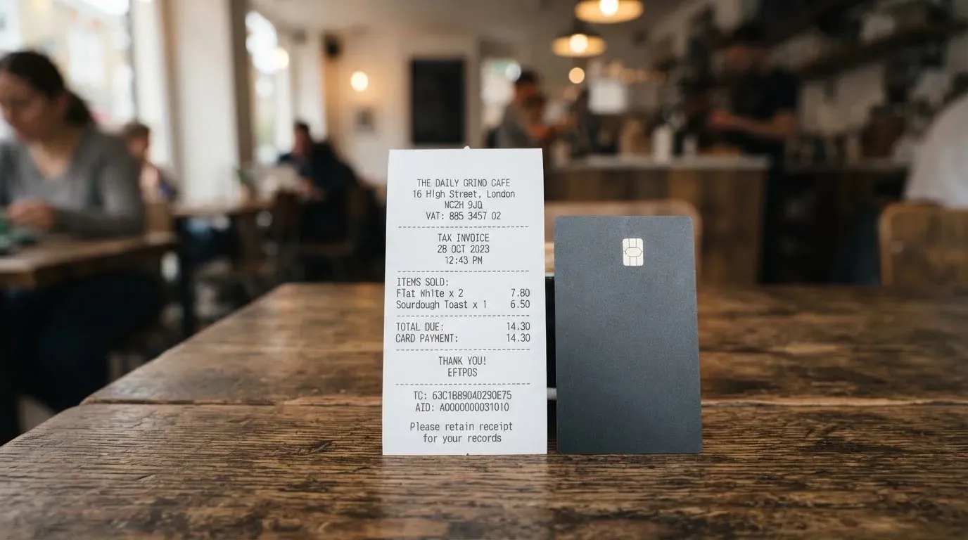 A receipt and a card on a café table